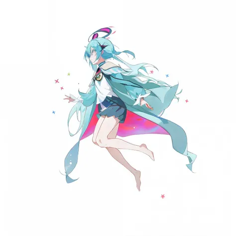 Anime characters with blue hair and cape flying in the air, Hatsune Miku, 2 d art, 2D art, 2d anime, in ryuuou no oshigoto art style, rimuru tempest, rimuru, vocaloid, style of magical girl, 2 d anime style, knights of zodiac girl, full body adoptable