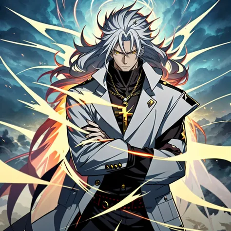 White long-haired anime character, Yellow eyes stand in front of Lightning，White clothes， Detailed key anime art, White-haired god, Key anime art, detailed anime character art, shadowverse style, handsome guy in demon killer art, full art, rimight, high de...