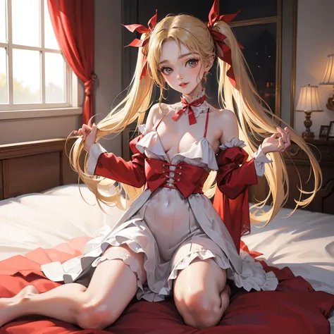 masterpiece,best quality,ultra detailed, loli,wedding dressflat chest,twintails,fucked silly,ong hair,parted bangs,hair pulled back,hair intakes,blonde hair,delicate beautiful face,seductive smile,bare shoulder,barefoot,red ribbon, cowgirl position,on the ...