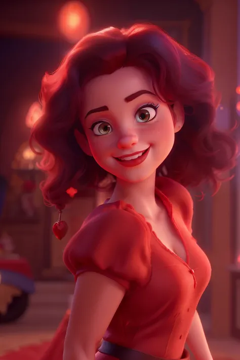 sexy woman,red dress,Disney Makeup,cute, Adorable, Smileing ,Close -up, pixar, disney, Cinema Lighting, Games, 8k, magic, amad ,