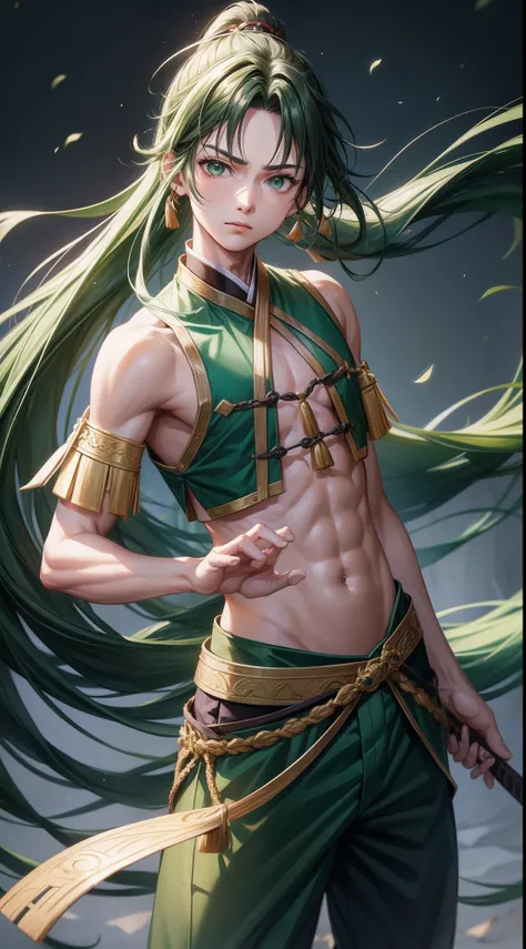 young boy, long dark green hair, high ponytail, Green eyes, Battle with Hanfu, Sleeveless, open belly, pants, Masterpiece, hiquality