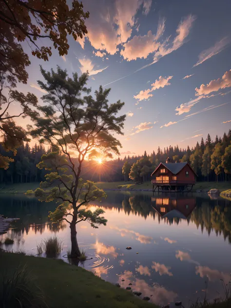 There is a cottage by the lake, lindo cenario, Surreal, realisticlying, Sun sunset, peace, Special cinema lighting