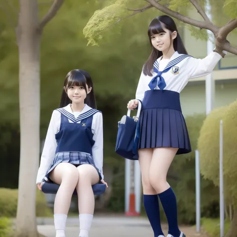 Japan schoolgirl sat on a tree and took a full-body photo。She sits on a thick tree branch in a sailor suit、Im wearing a pleated miniskirt。Her girlfriend is kicking into a tree growing next door under her。The tree broke off and fell from her kick.。It was lo...