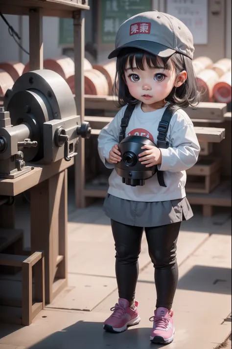 A cute 3 year old girl in China， Wear a cap，Gray tooling，Gray trousers，Lathe operation，Workshops, Workshops，assembly line，Black hair， adolable， with brown eye，by Pixar, tchibi，frontage，Full body portrait