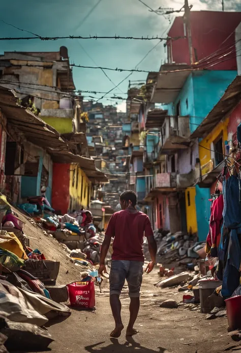 criar um homem na favela do brazil com um fuzil na mao e soltando pipa