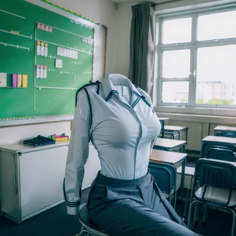 (school uniform in classroom:1.8) , (school slacks pants swells as if worn by invisible girl:1.8), (in the closet), ((invisible, no humans:1.7, headless:1.7, handless, legless)), (big breasts:1.7),
(8k, RAW photo, best quality, masterpiece:1.2), (realistic...