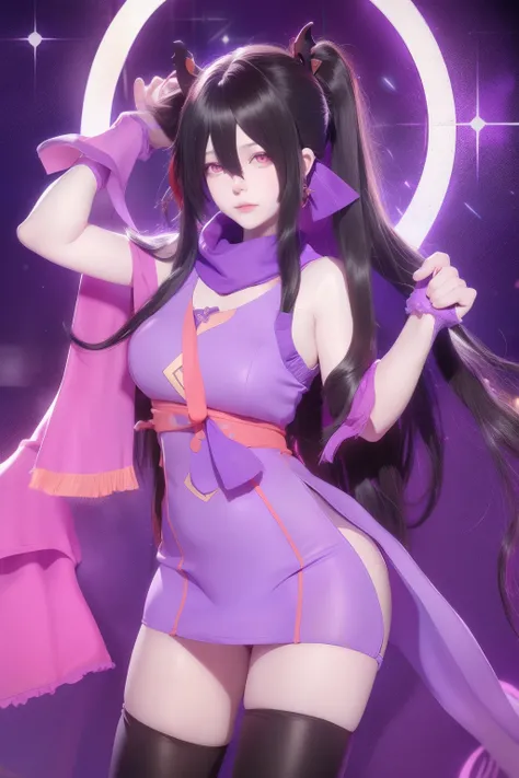 Orange eyes, Long purple scarf, sleeveless shirts, young 1girl, Solo, sakifuwa, Glazed eyes, Very long hair, pony tails, Black hair, ahoge, Black tights, Long leggings, Purple hair strain, Very purple long dress, cyberpunk fashion, during night