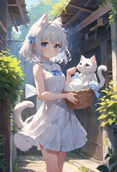 Cat-eared girl in white dress standing in garden, BREAK，silber hair，blue eyes，(((Sleeveless)))，Hang the laundry to dry，Holding a laundry basket with clothes，loli in dress, small curvy loli, artwork in the style of guweiz, guweiz on pixiv artstation, guweiz...