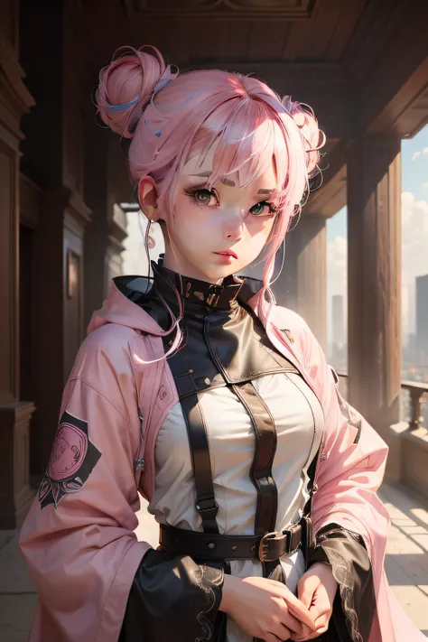 (masterpiece, top quality, best quality, official art, beautiful and aesthetic:1.2), (1girl), extreme detailed,colorful,highest detailed,cute, light pink hair,black goggle, hair bun