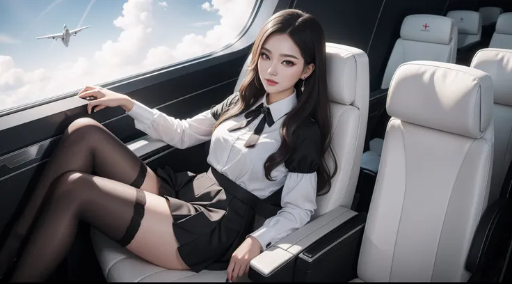 South Korean beauties,（Exquisite makeup：1.2）,Bright eyes,Young and beautiful,Move，（33-year-old mature woman：1.3），（flightattendantuniform, black cloaths：1.2, transparent white shirt：1.2, Silk scarf, Silver square stud earrings：1.2, Medium ruffle skirt：1.3, ...