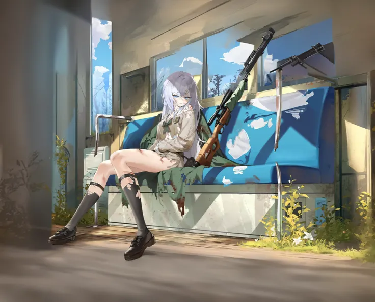 Anime girl sitting on bench，with rifle in hands, girls frontline style, from girls frontline, Fine details., Girl Front,Cloud map plan,  Kantai collection style, anime machine gun fire, with rifle