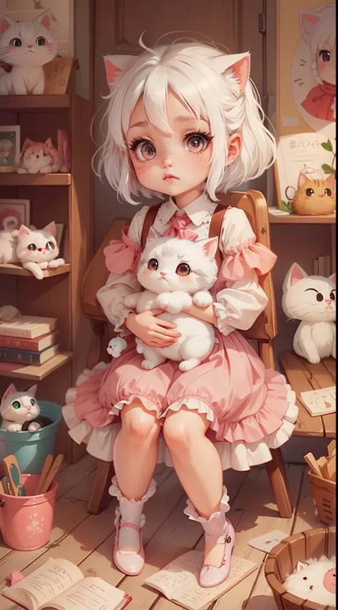 A kitten，White hair，adolable，tchibi，Pink eyes