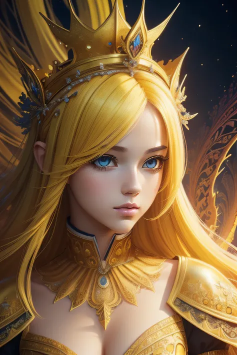 (masterpiece, top quality, best quality, official art, beautiful and aesthetic:1.2), (1girl), extreme detailed,colorful,highest detailed,cute, yellow hair, crown,(fractal art:1.3),