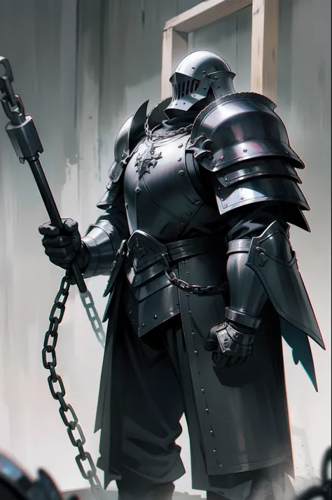 Wearing Gothic armor，Hand-held chain hammer，Standing，Strong man，without showing face