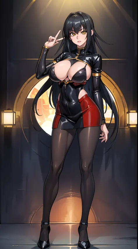 professional artwork, Intricate Details, field of view, sharp focus, detailed painting, photorealistic lighting, trending on pixiv, Standing at attention, black outfit ,yellow collared shirt,black and red bodysuit,skin_tight,black legwear, black pantyhose,...