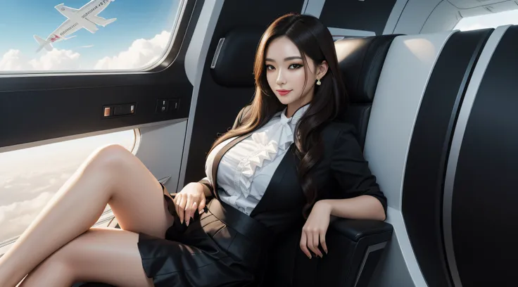 South Korean beauties,（Exquisite makeup）,Bright eyes,Young and beautiful,Move，（33-year-old mature woman：1.3），（flightattendantuniform, black cloaths：1.2, transparent white shirt：1.2, Silk scarf, Silver square stud earrings：1.2, Medium ruffle skirt：1.3, Blac...