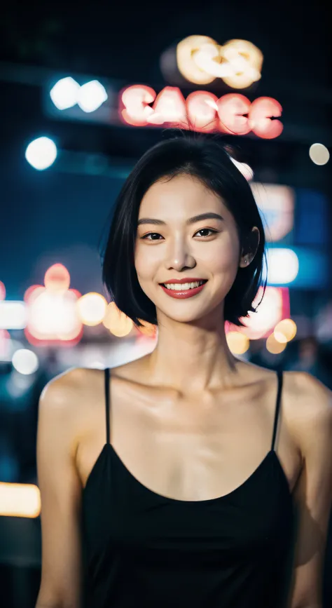 1girl, idol, model, depth of field, photo, film, face, skinny, smile, collarbone,  teeth, movie, camisole, selfie, night,