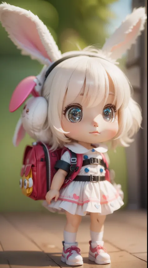 There is a white bunny doll with a backpack and backpack, cute 3 d render, render of a cute 3d anime girl, highly detailed character, Cute detailed digital art, cute character, 3 d render stylized, Female explorer mini cute girl, original chibi bunny girl,...