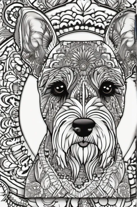 Schnauzer Miniatura for a coloring, linhas em negrito, linhas escuras, estilo mandala, simetrico, fundo branco, Arte de linha limpa, arte de linha fina, preto e branco, colorir