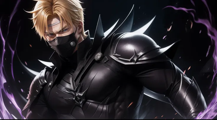 The most perfect work of art, the most detailed, the highest resolution, everything clear :Blonde hair Kurosaki Ichigo upper body, perfect body 20 years old handsome face, one side of the face wearing a mask, cold, fiery eyes, central, shadow overseer, ful...