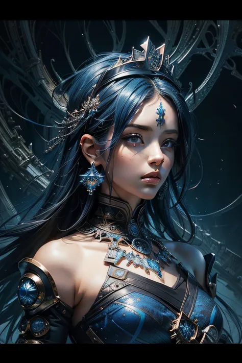 (masterpiece, top quality, best quality, official art, beautiful and aesthetic:1.2), (1girl), extreme detailed,colorful,highest detailed,cute, dark blue hair, crown,(fractal art:1.3),