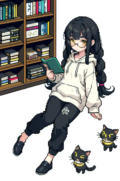 (masterpiece, top quality, best quality), pixel,pixel art,1girl,full body,1 girl with black curly hair, side braids, bangs neatly parted on both sides of her forehead with 2 small hairpins, yellow eyes, glasses, gray and white hoodie and 1 ankle-length bla...