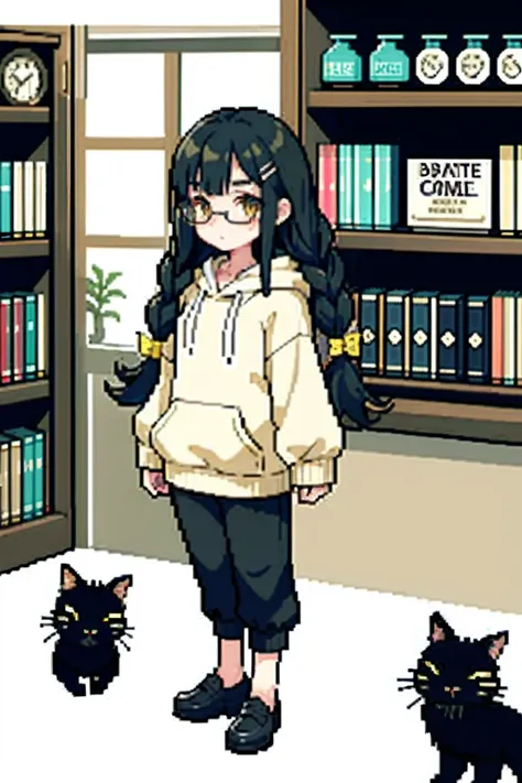 (masterpiece, top quality, best quality), pixel,pixel art,1girl,full body,1 girl with black curly hair, side braids, bangs neatly parted on both sides of her forehead with 2 small hairpins, yellow eyes, glasses, gray and white hoodie and 1 ankle-length bla...