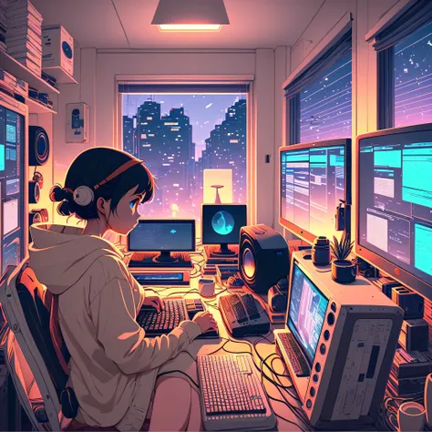 Create a high resolution artwork of lofi ,Anime Girl is programming at a computer in a room full of gadgets, snown ,web developer, by makoto shinkai and ghibli studio, outlined silhouettes, dramatic lighting, highly detailed, incredible quality, trending o...