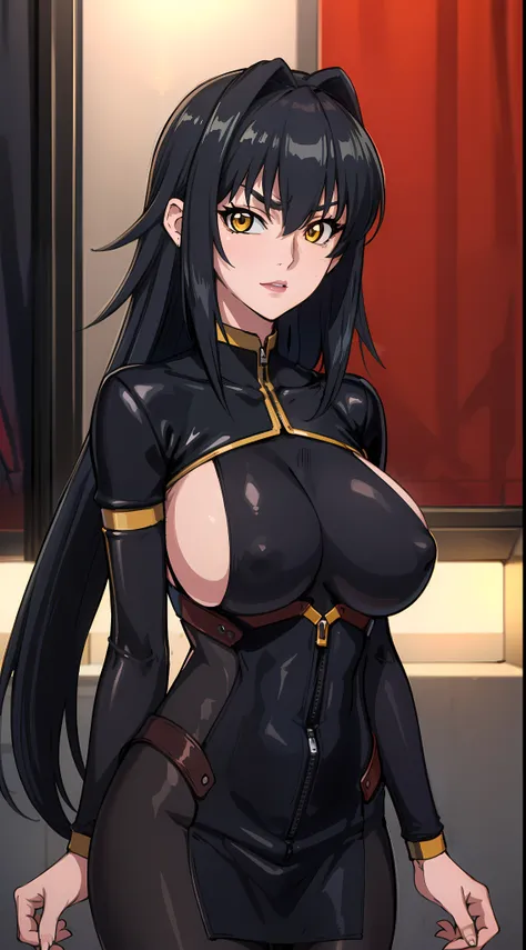 professional artwork, Intricate Details, field of view, sharp focus, detailed painting, photorealistic lighting, trending on pixiv, Standing at attention, black outfit ,yellow collared shirt,black and red bodysuit,skin_tight,black legwear, black pantyhose,...