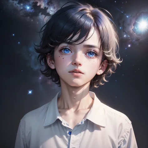 One Boy,​masterpiece,Top image quality,Beautiful Boys,Messy hair,A dark-haired（Bob Hair）,hair_bloo,Eyes are sapphire blue,White shirt with collar,Looking Up,Moles around the eyes,(starryskybackground),fleeting