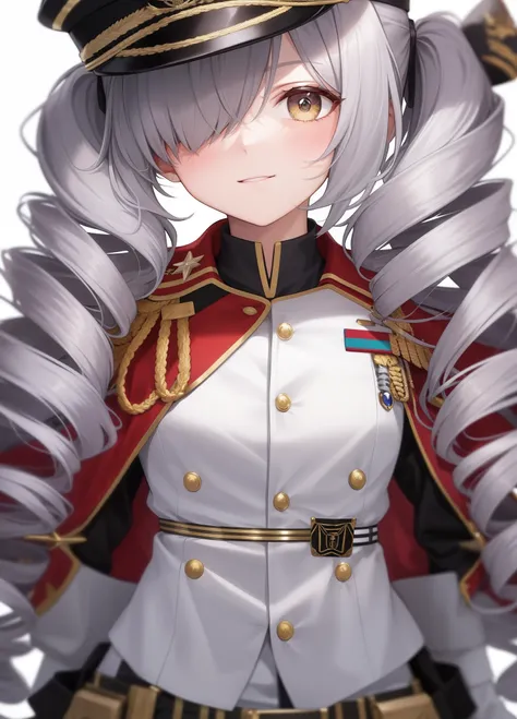 Eight-year-old girl，Gray hair，hair on one eye，forehead jewel，army suit，military hat，8K，Super detail，quad drills