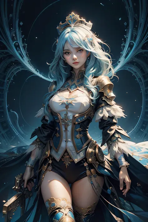 (masterpiece, top quality, best quality, official art, beautiful and aesthetic:1.2), (1girl), extreme detailed,colorful,highest detailed,cute, light blue hair, crown,(fractal art:1.3),