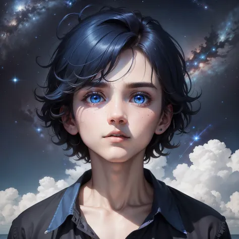 One Boy,​masterpiece,Top image quality,Beautiful Boys,Messy hair,A dark-haired（Bob Hair）,hair_bloo,Eyes are sapphire blue,White shirt with collar,Looking Up,Moles around the eyes,(starryskybackground),fleeting