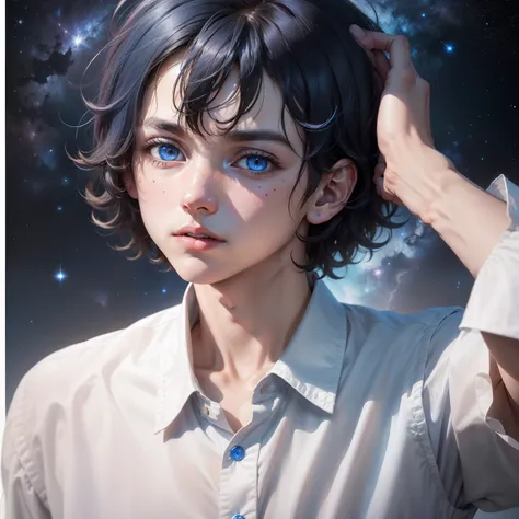 One Boy,​masterpiece,Top image quality,Beautiful Boys,Messy hair,A dark-haired（Bob Hair）,hair_bloo,Eyes are sapphire blue,White shirt with collar,Looking Up,Moles around the eyes,(starryskybackground),fleeting