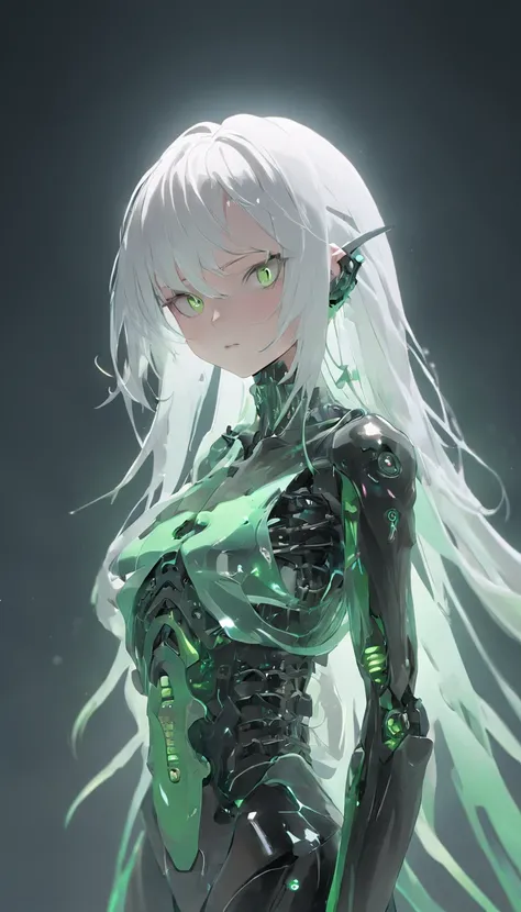 android woman,Translucent plastic body，With robot skeleton,Carbon texture,Plastic surface,Serenity glowing eyes,Asymmetrical spike hairs,White hair,Green eyes,by WLOP,Realistic,8K,hdr,Stable diffusion XL,Radical art style,Cute girl