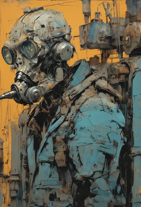 Ashley Wood（Ashley Wood）Realistic paintings created in Van Goghs unique style，Depicted ((Blue rusty cyborg drinking whiskey in a post-apocalyptic bar)),