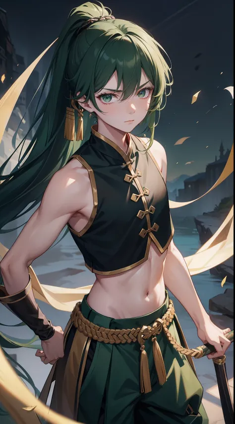 young boy, long dark green hair, high ponytail, Green eyes, Battle with Hanfu, Sleeveless, open belly, pants, Masterpiece, hiquality