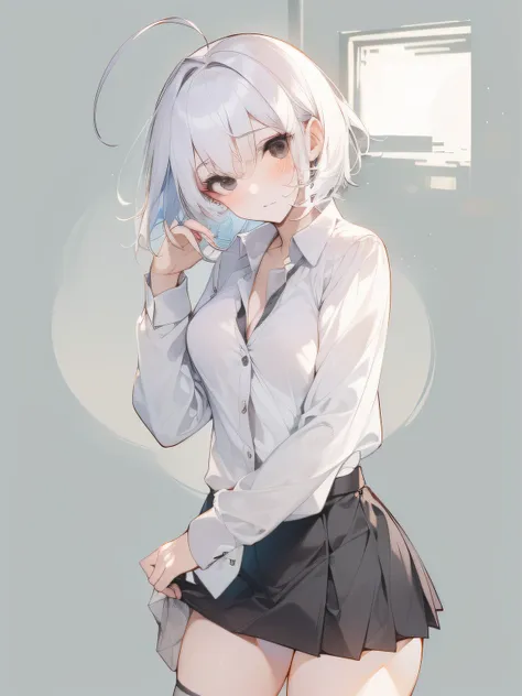 ((masterpiece, best quality)), (1girll), (solo), (female focus), (ahoge, white hair, short hair), black eyes, ((white shirt), (b...