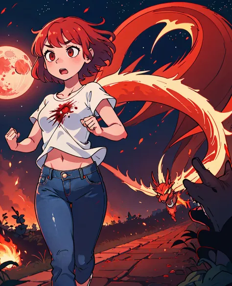 anime, 1 girl, red short hair, white top, jeans pants, white sport shoes, run away, red dragon, urban background, night, blood m...