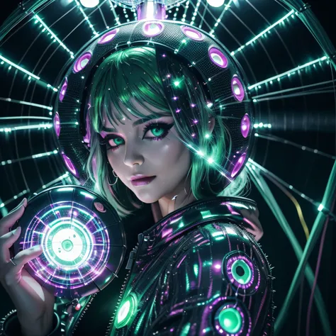 disco, (mirror ball (large revolving ball covered with small pieces of mirror glass):1.1), (Adult German woman:1.6), holding wires, looking to camera, (polyvinyl Jacket With Rivets:1.3), (rave fashion:1.6), (green hair:1.4), (open zipper:1.5), (erotic:1.8)...