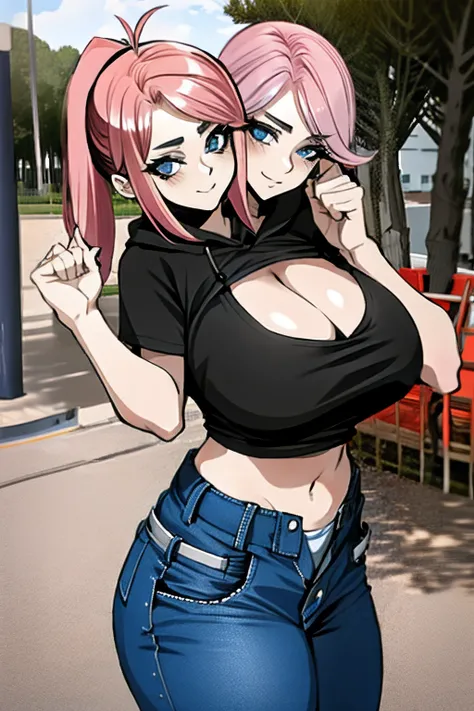 2heads, a short fat woman with 2 heads. She has enormous breasts. She is wearing a baggy hoodie and jeans. She looks young. She has massive perky breasts. She has pink hair in a short ponytail. She is extremely short. She is chubby. She is outside in a par...