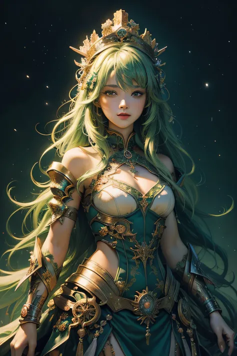 (masterpiece, top quality, best quality, official art, beautiful and aesthetic:1.2), (1girl), extreme detailed,colorful,highest detailed,cute, green hair, crown,(fractal art:1.3),