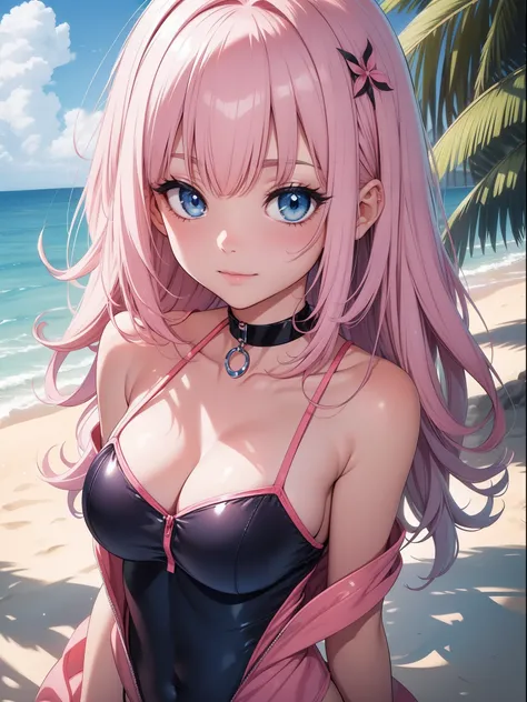 Official art、Top quality ultra-detailed CG art、a beauty girl：１.２）、Kurokami、Glossy hair、smooth hair、large blue eyes,Mid summer、kawaii、The sky is beautiful、Cute、bob cuts、Pink choker、Pink swimsuit、ssmile、