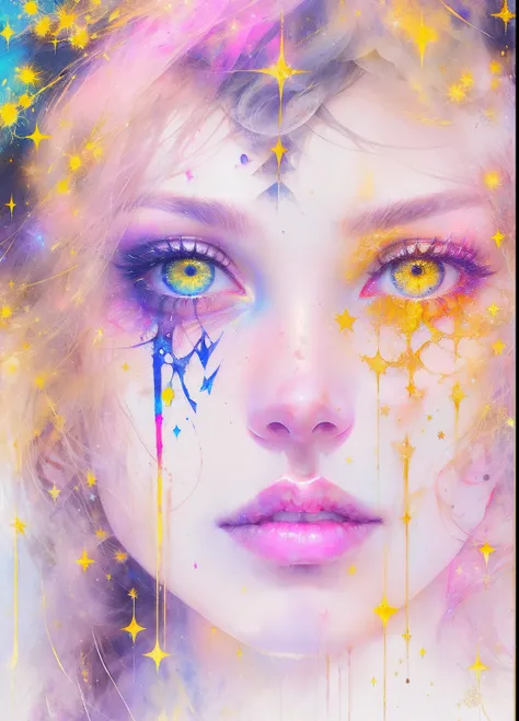 This is a dreamy and ethereal image. Generate a whimsical and strong queen by Agnes Cecile with beautifully detailed and realistic eyes. Include ink drips and fairy lights. The colors used should be soft and pastel except for her eyes, which should be bold...