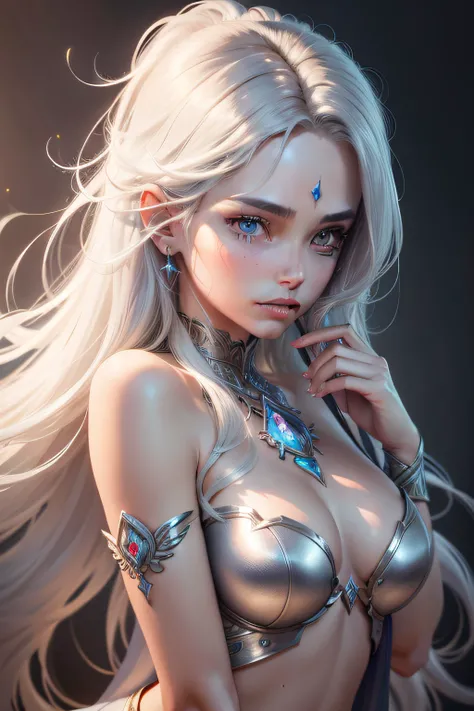 The whole body is beautiful and gorgeous Final Fantasy style, Astral Deva, Headshot, Goddess, Shiny skin, random hair style, Silver hair color, Sepia skin tone, random eyes color, Female, Clean and very detailed face and hands, analogous colors, Glowing sh...