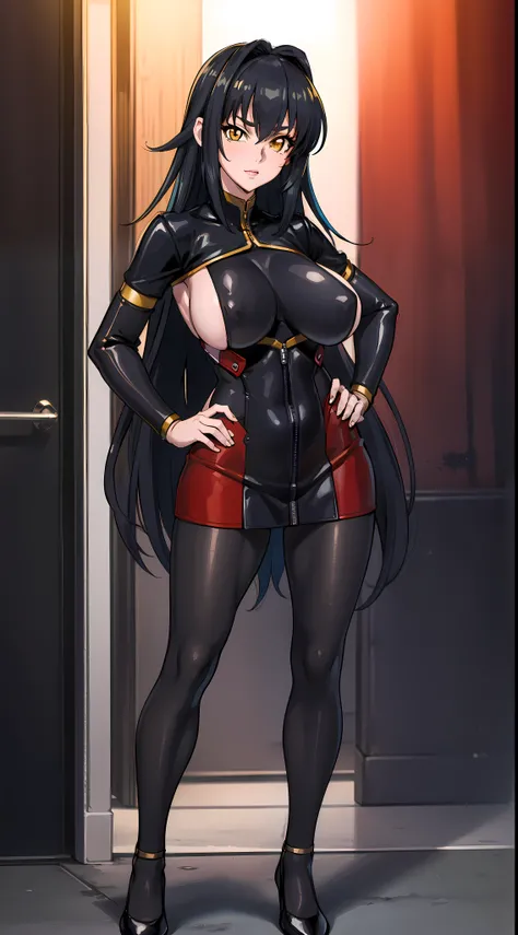 professional artwork, Intricate Details, field of view, sharp focus, detailed painting, photorealistic lighting, trending on pixiv, Standing at attention, black outfit ,yellow collared shirt,black and red bodysuit,skin_tight,black legwear, black pantyhose,...