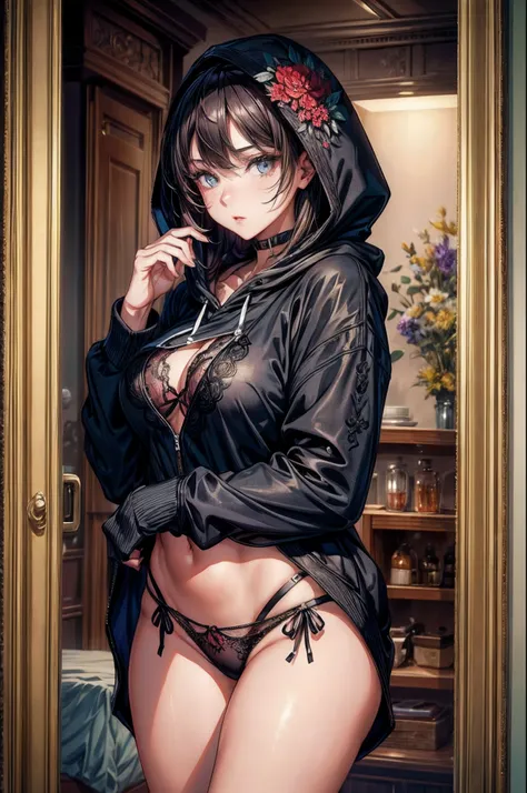 (Masterpiece), exceptional quality, captivating gaze, flawless features, 1girl, seductive woman aged 25, adorned in a stylish hoodie, black lingerie with intricate flower embroidery