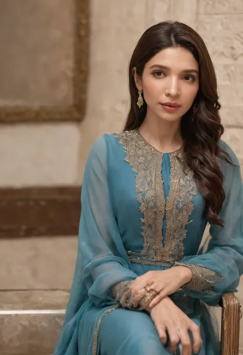 woman in a blue dress sitting on a chair in front of a mirror, mahira khan as a d&d wizard, mahira khan as a mage, arab ameera al-taweel, faridah malik, khyzyl saleem, ameera al-taweel, arab ameera al taweel, inspired by Lubna Agha