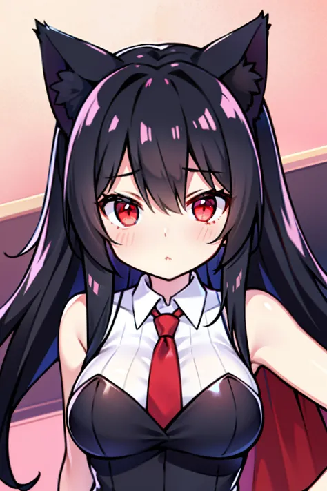 Black hair, Cat ears, Cat girl, Red eyes, Suits，red necktie