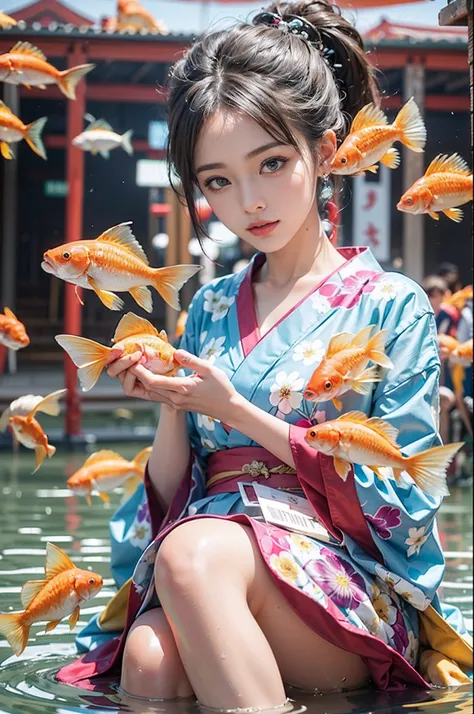 电影灯光，(((tmasterpiece))), ((best qualtiy)), ((intricate and detailed)), ((Ultra-realistic realism)), 4K,1beautiful woman, 25-years old, poneyTail,Ultra-fine yukata,A slender,large full breasts,having a good time, Large fishbowl , Swirling flocks of goldfish...